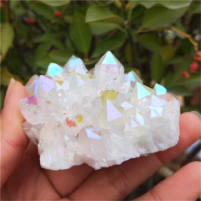 Angel Aura Quartz Crystal Cluster | Electroplated Natural White Energy Stone | Colorful Point Mineral | Reiki Healing