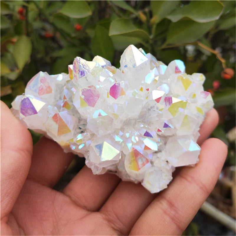 Angel Aura Quartz Crystal Cluster | Electroplated Natural White Energy Stone | Colorful Point Mineral | Reiki Healing