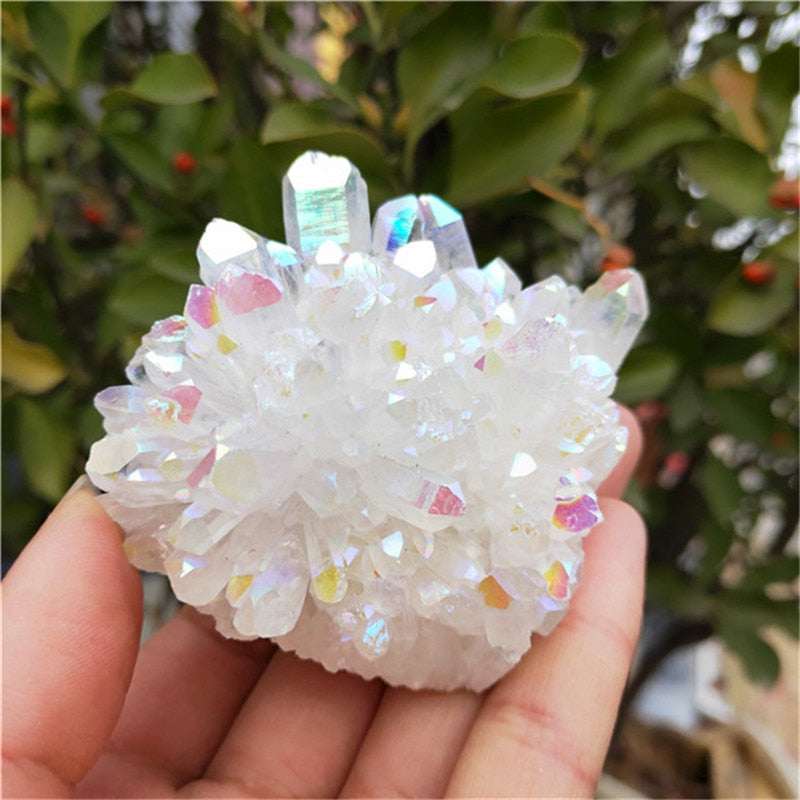 Angel Aura Quartz Crystal Cluster | Electroplated Natural White Energy Stone | Colorful Point Mineral | Reiki Healing
