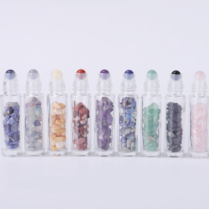 Bulk Pack of 10 | Eco-Friendly and Refillable Crystal-Infused Essential Oil Containers with Gemstone Roller Ball