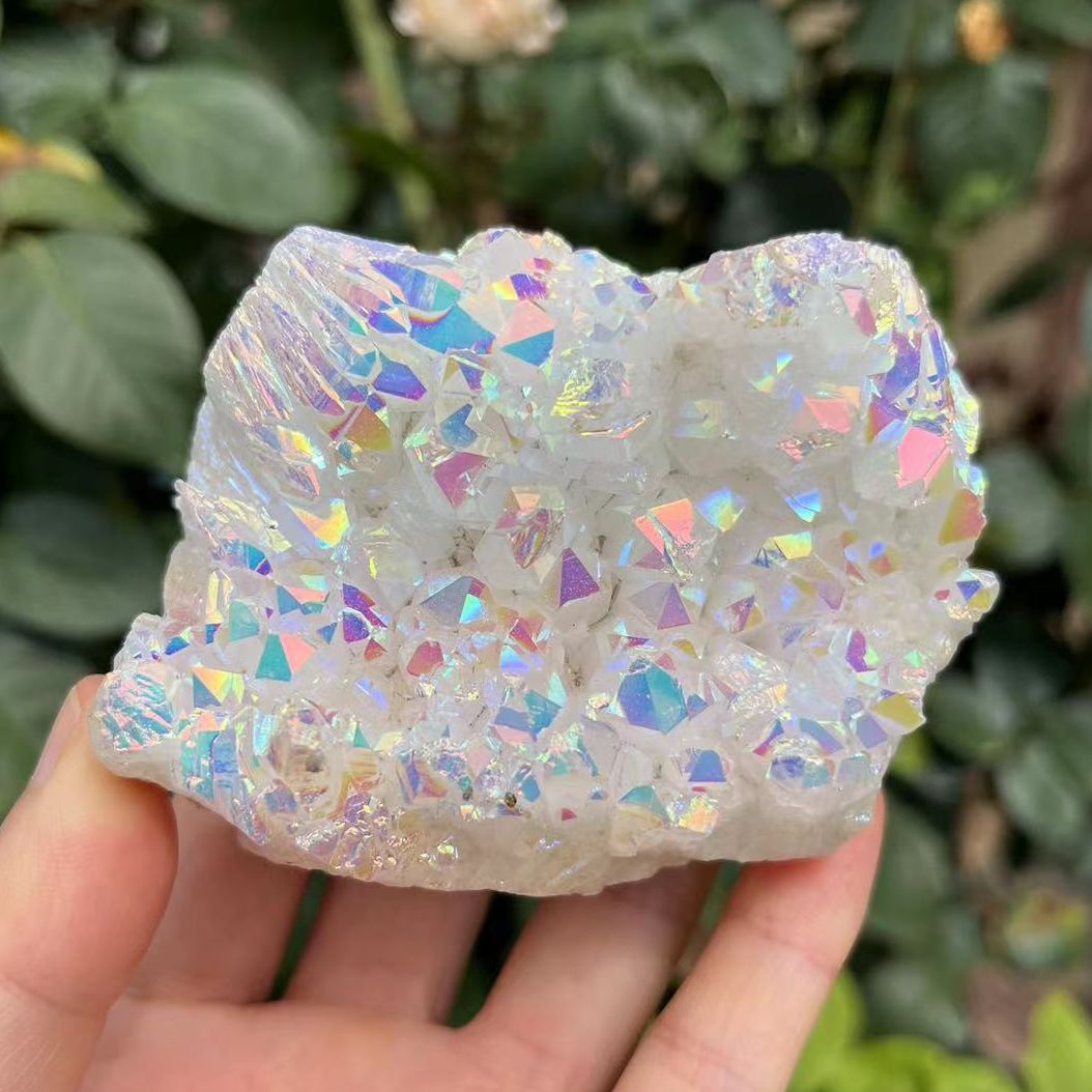 Angel Aura Quartz Crystal Cluster | Electroplated Natural White Energy Stone | Colorful Point Mineral | Reiki Healing