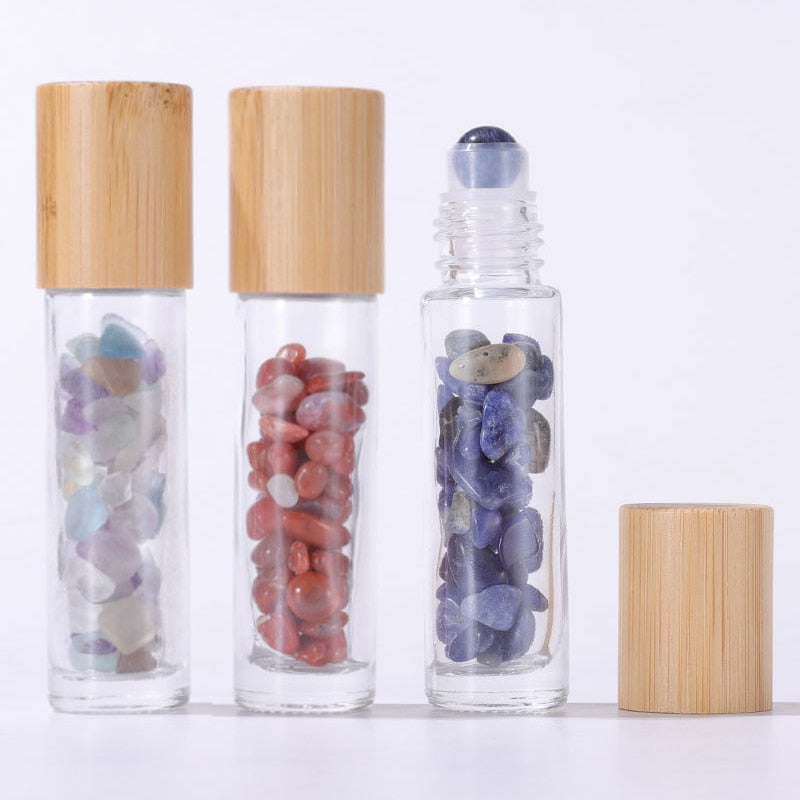 Bulk Pack of 10 | Eco-Friendly and Refillable Crystal-Infused Essential Oil Containers with Gemstone Roller Ball