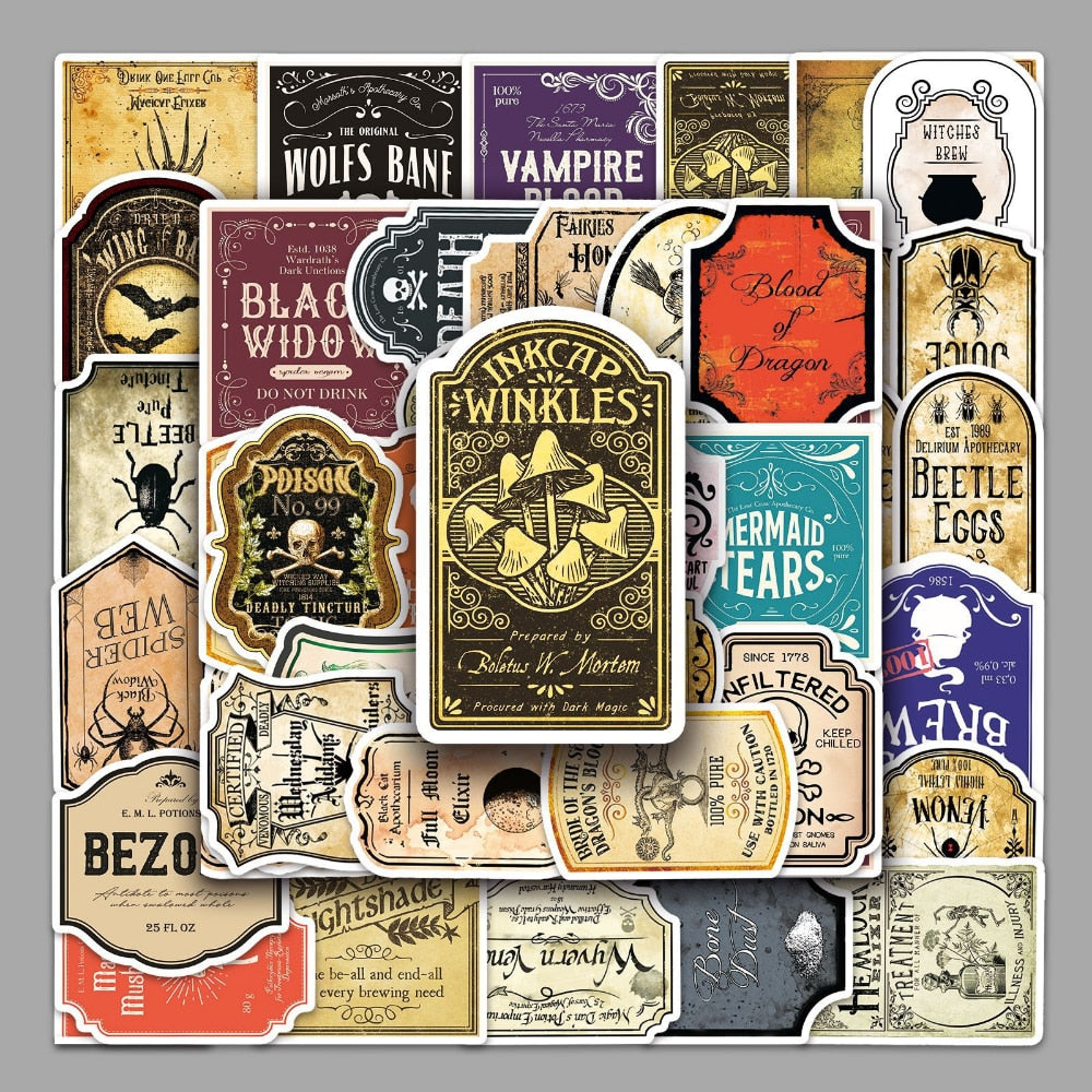 10/50Pcs Apothecary Potion Label Stickers | Moon Lily Dragon's Blood Phoenix Tears and More