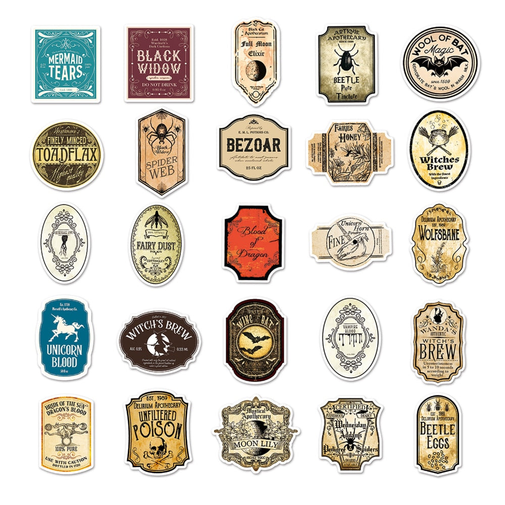 10/50Pcs Apothecary Potion Label Stickers | Moon Lily Dragon's Blood Phoenix Tears and More