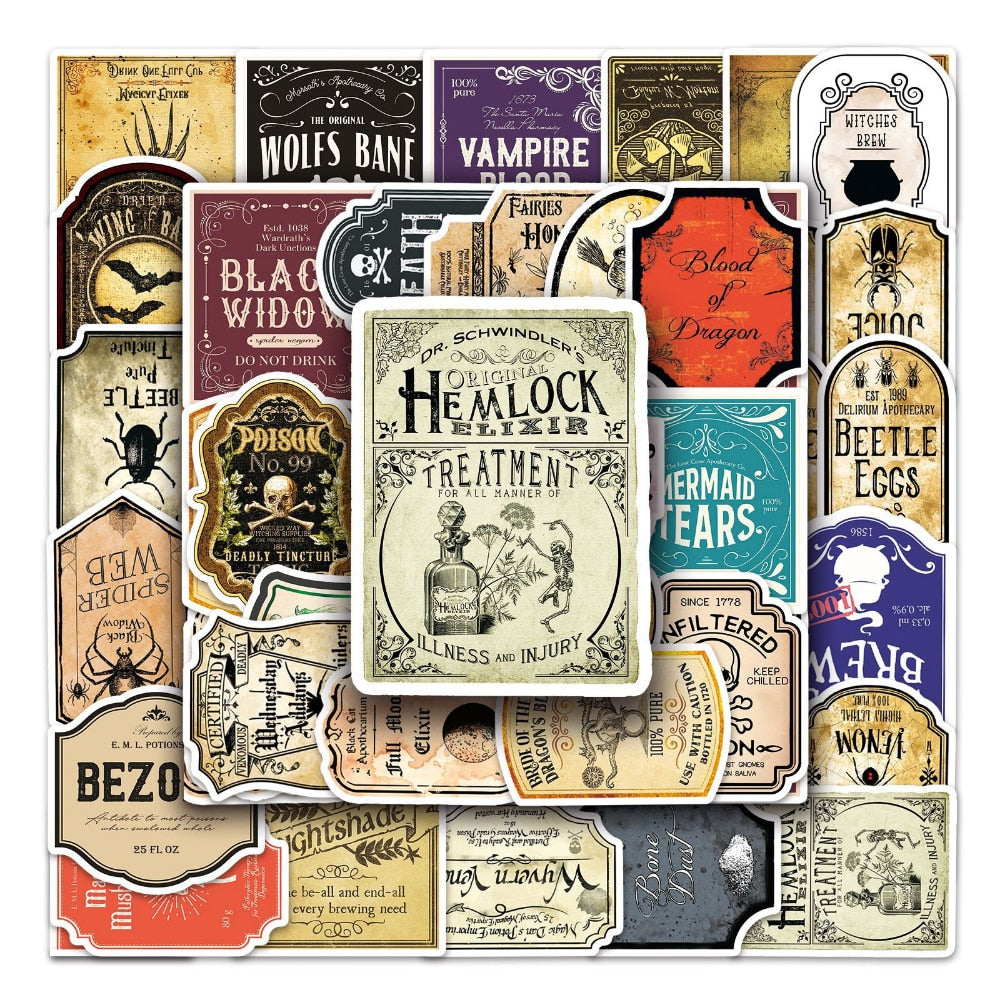 10/50Pcs Apothecary Potion Label Stickers | Moon Lily Dragon's Blood Phoenix Tears and More
