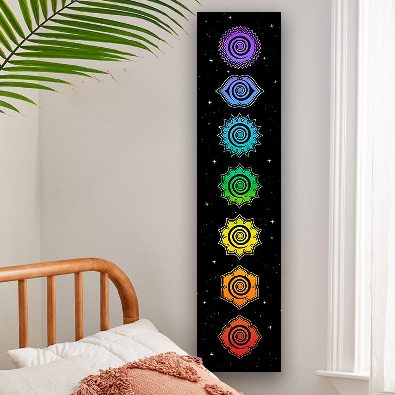 Rainbow Chakras Tapestry | Yoga Meditation Tapestries | Cosmic Energy Centers | Black Wall Hanging | Bedroom Dorm Home Decor