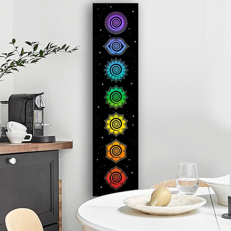 Rainbow Chakras Tapestry | Yoga Meditation Tapestries | Cosmic Energy Centers | Black Wall Hanging | Bedroom Dorm Home Decor