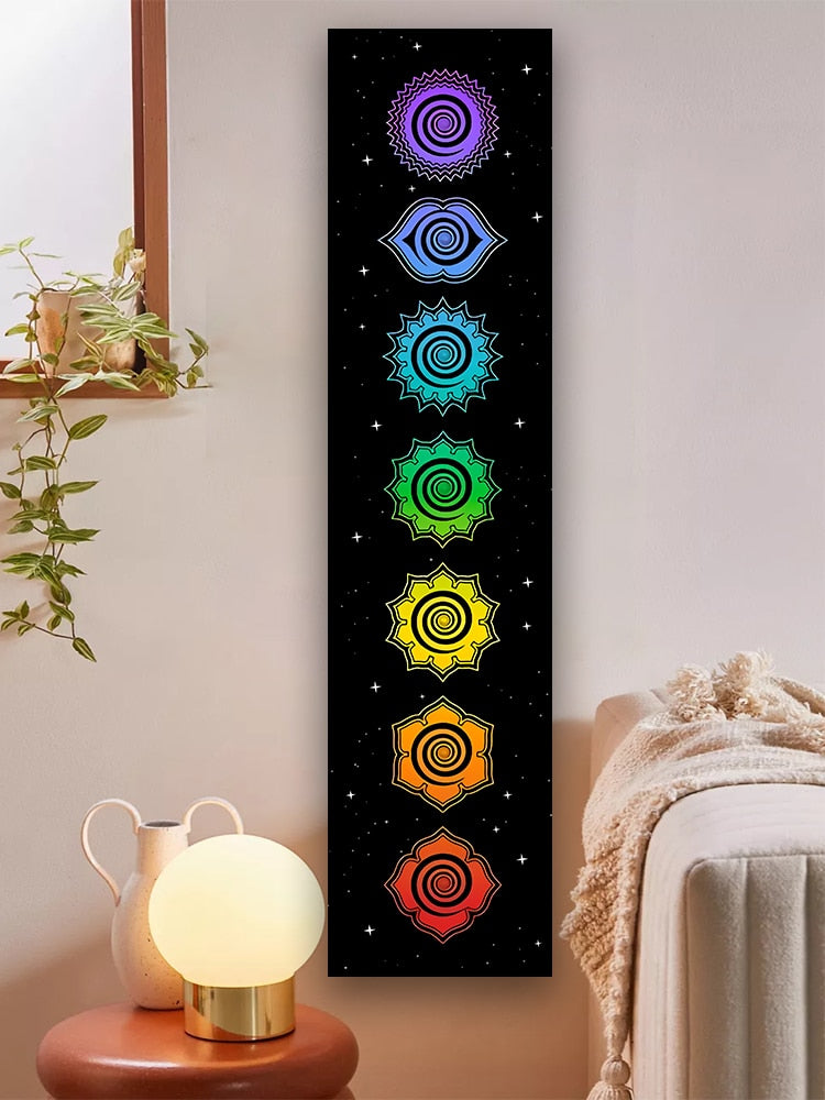 Rainbow Chakras Tapestry | Yoga Meditation Tapestries | Cosmic Energy Centers | Black Wall Hanging | Bedroom Dorm Home Decor
