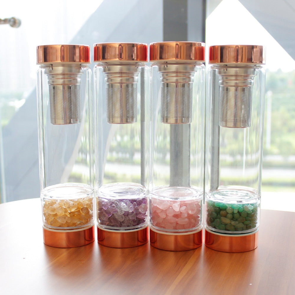Crystal Elixir Water Bottle with Tea Infuser for Healing Energy