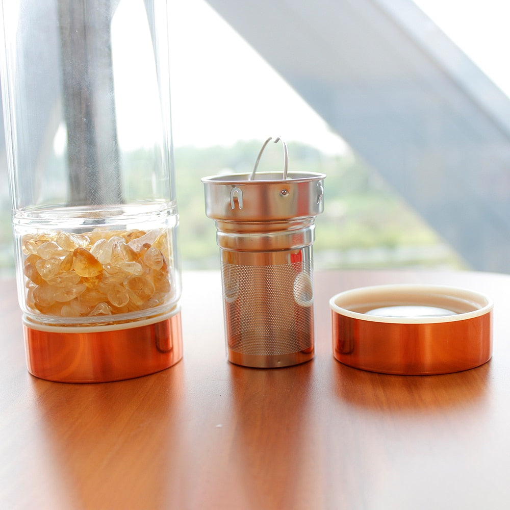 Crystal Elixir Water Bottle with Tea Infuser for Healing Energy