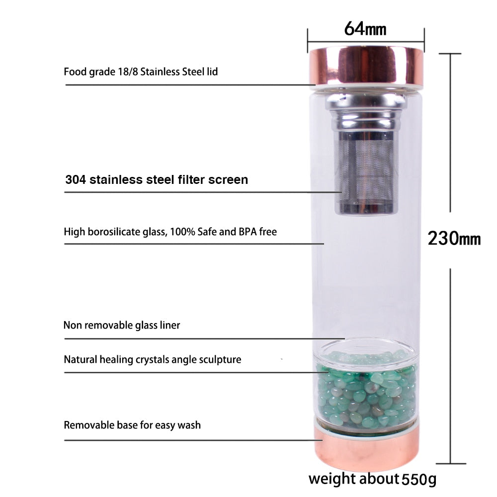 Crystal Elixir Water Bottle with Tea Infuser for Healing Energy