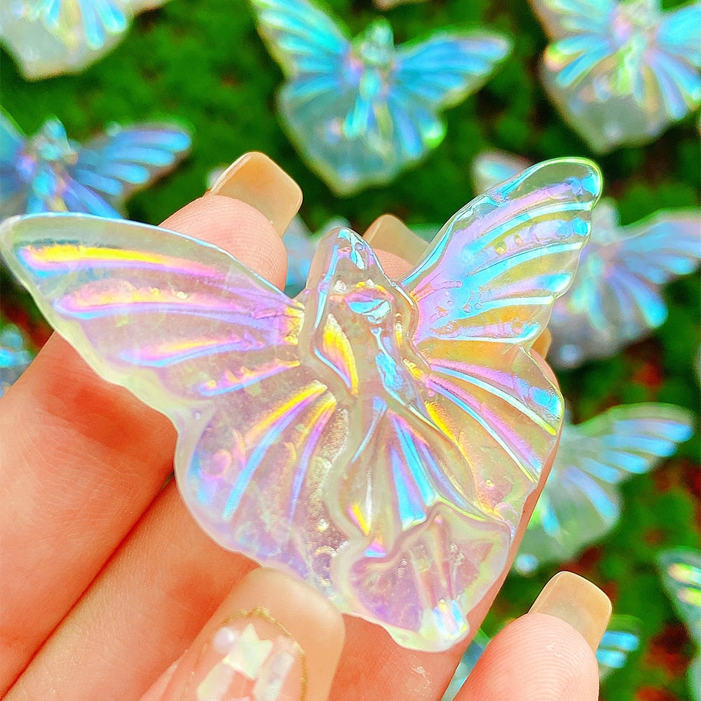 Aura Fluorite Fairy Crystal Figurine Natural Gemstone Carved Crafts with Healing Reiki Energy for Birthday Gifts