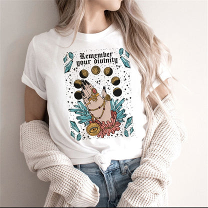 Zodiac Signs Art Print T-Shirt | Fashionable Astrology Short Sleeve Lady Clothes Tops Tees