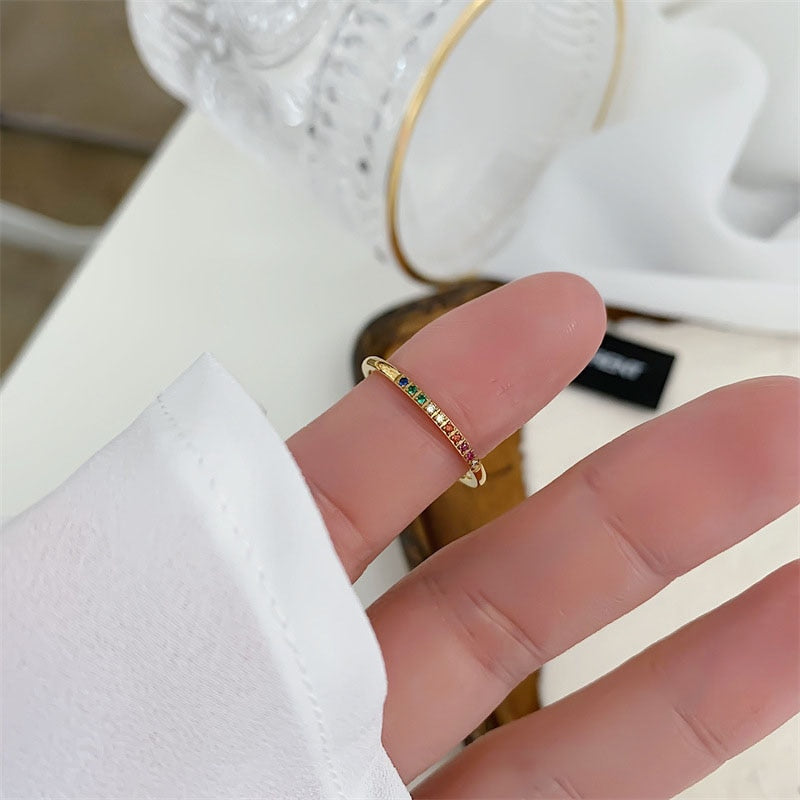 Rainbow Cubic Zirconia Stacker Ring for Women | Gold Plated Stainless Steel Waterproof Jewelry