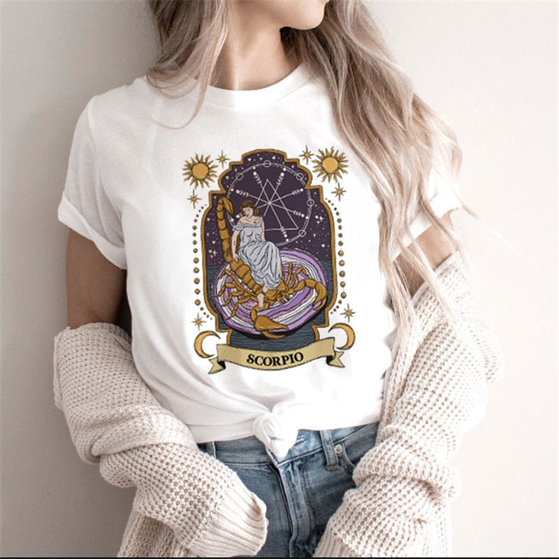 Zodiac Signs Art Print T-Shirt | Fashionable Astrology Short Sleeve Lady Clothes Tops Tees