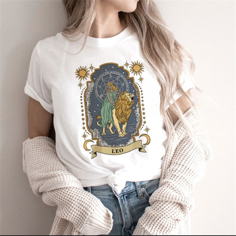 Zodiac Signs Art Print T-Shirt | Fashionable Astrology Short Sleeve Lady Clothes Tops Tees