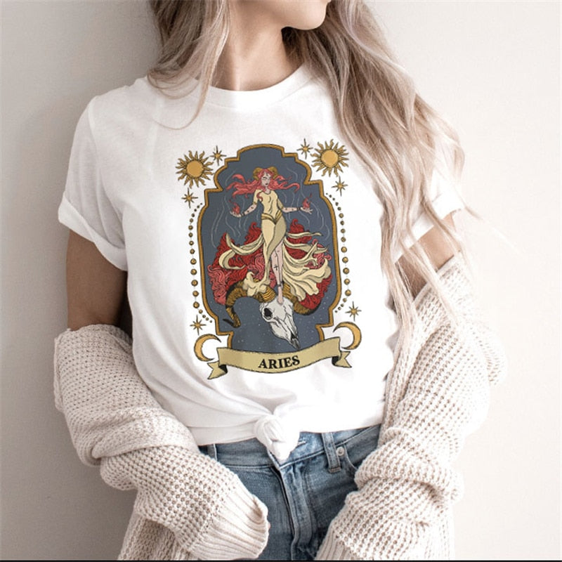 Zodiac Signs Art Print T-Shirt | Fashionable Astrology Short Sleeve Lady Clothes Tops Tees