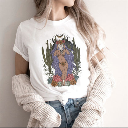 Zodiac Signs Art Print T-Shirt | Fashionable Astrology Short Sleeve Lady Clothes Tops Tees