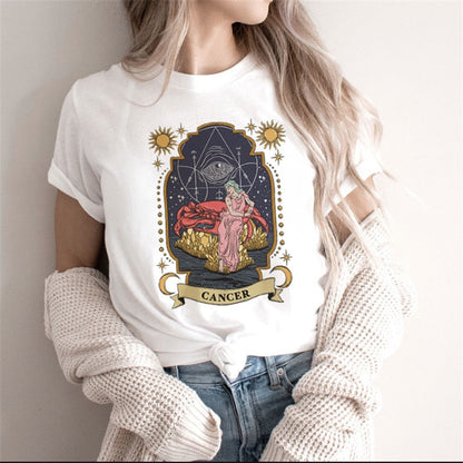 Zodiac Signs Art Print T-Shirt | Fashionable Astrology Short Sleeve Lady Clothes Tops Tees