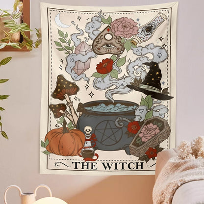 Witch Tarot Card Tapestry | Mystical Cauldrons and Pumpkin Design | Spiritual Home Decor