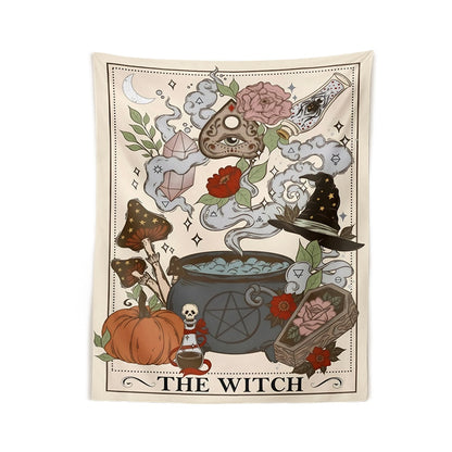 Witch Tarot Card Tapestry | Mystical Cauldrons and Pumpkin Design | Spiritual Home Decor