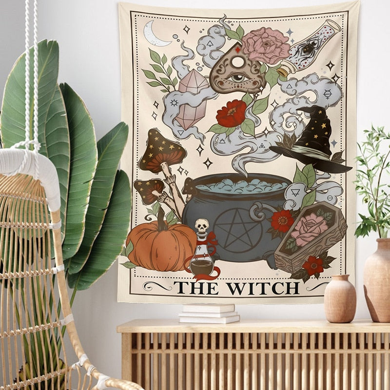 Witch Tarot Card Tapestry | Mystical Cauldrons and Pumpkin Design | Spiritual Home Decor