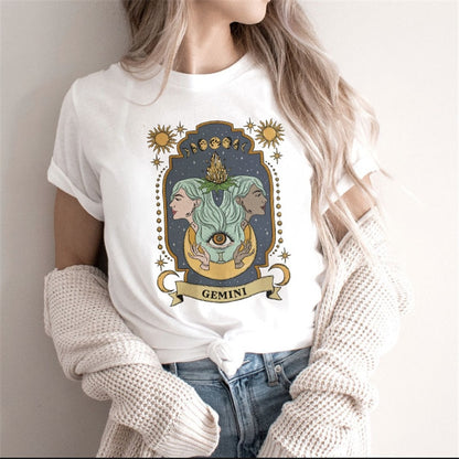 Zodiac Signs Art Print T-Shirt | Fashionable Astrology Short Sleeve Lady Clothes Tops Tees