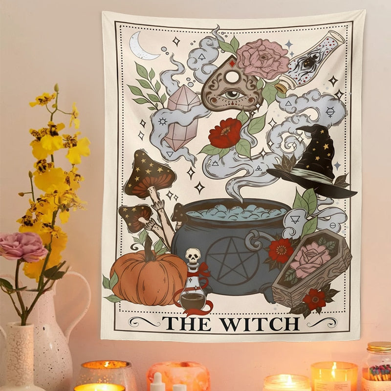 Witch Tarot Card Tapestry | Mystical Cauldrons and Pumpkin Design | Spiritual Home Decor