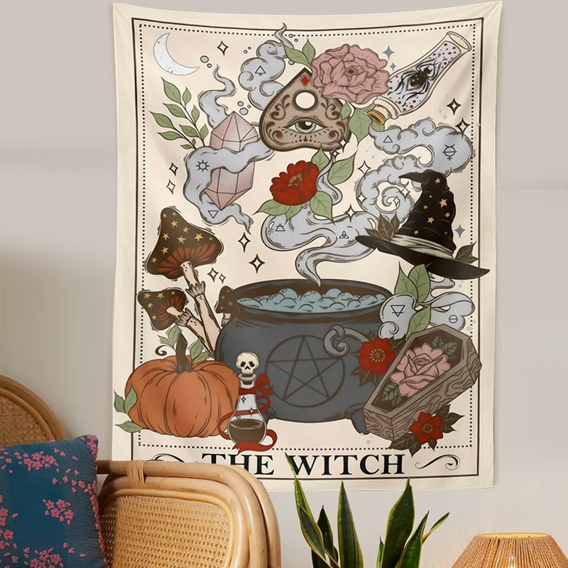 Witch Tarot Card Tapestry | Mystical Cauldrons and Pumpkin Design | Spiritual Home Decor