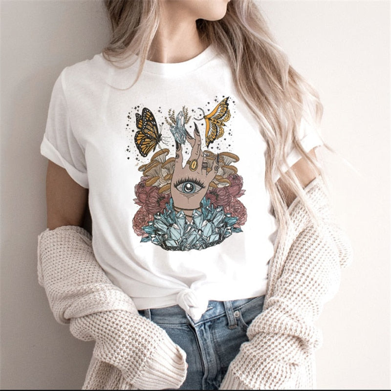 Zodiac Signs Art Print T-Shirt | Fashionable Astrology Short Sleeve Lady Clothes Tops Tees