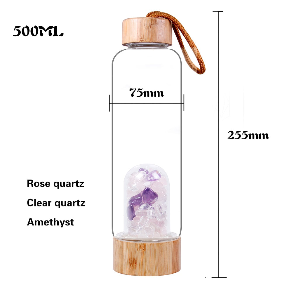 Natural Healing Crystal Elixir Water Bottle | 500ml with Rose Quartz Amethyst and Clear Quartz