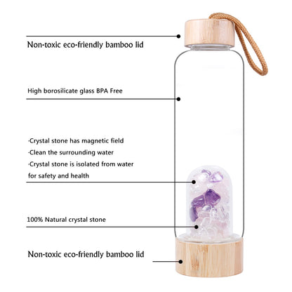 Natural Healing Crystal Elixir Water Bottle | 500ml with Rose Quartz Amethyst and Clear Quartz