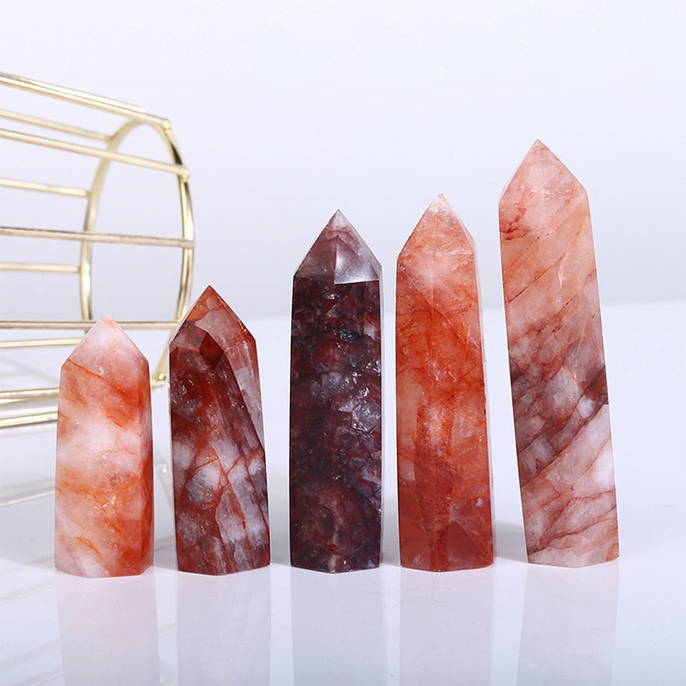 Fire Quartz Tower Red Energy Hexagonal Column Crystal Point for Reiki and Healing