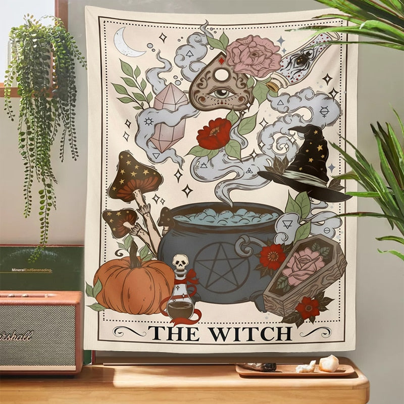 Witch Tarot Card Tapestry | Mystical Cauldrons and Pumpkin Design | Spiritual Home Decor