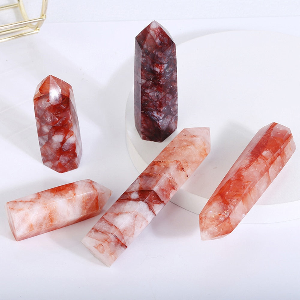 Fire Quartz Tower Red Energy Hexagonal Column Crystal Point for Reiki and Healing