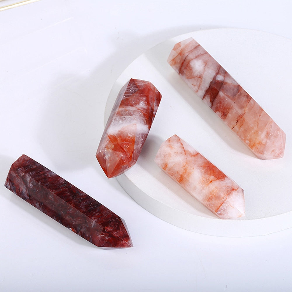 Fire Quartz Tower Red Energy Hexagonal Column Crystal Point for Reiki and Healing